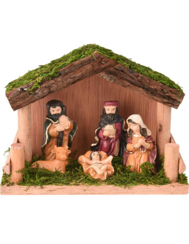 Nativity figurines in wooden house 15x6x