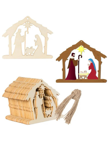 Wood ornament (DIY) nativity 8,3x10cm