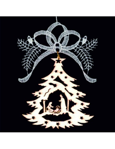 Wooden nativity tree & lace Ribbon 9cm