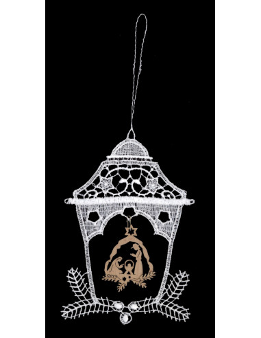 Lace hanger Lantern with wood nativity o
