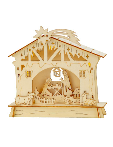 Wooden house Nativity Led Light 17x18cm