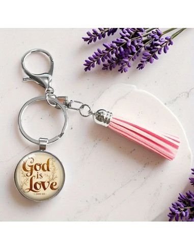 Keyring Metal/Epoxy God is love w/Tassel