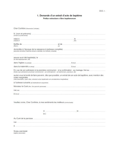 Demande d'un extrait de bapteme - 25 ex.